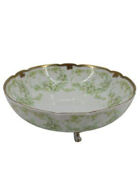 Elite Limoges France Green Flower Floral Swag Footed Bowl Antique French Serving